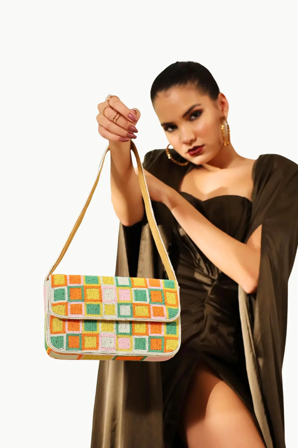 Multicolor square patterned beaded Baguette Bag with light brown strap for stylish accessories