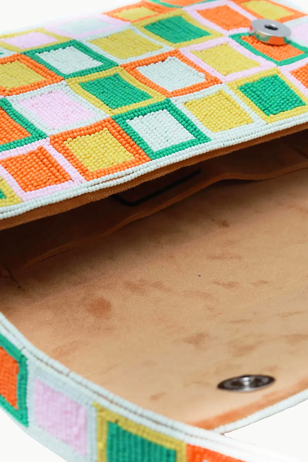 Vibrant checkered beaded baguette bag with colorful beading and magnetic clasp closure
