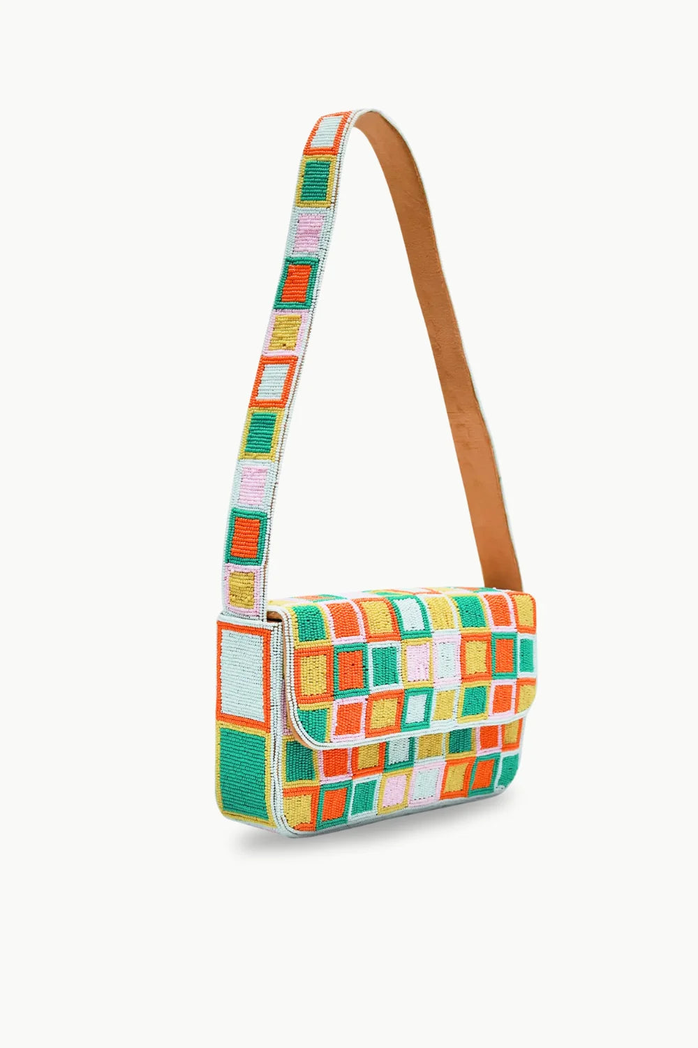 Vibrant multicolored square-patterned beaded baguette bag with brown leather strap