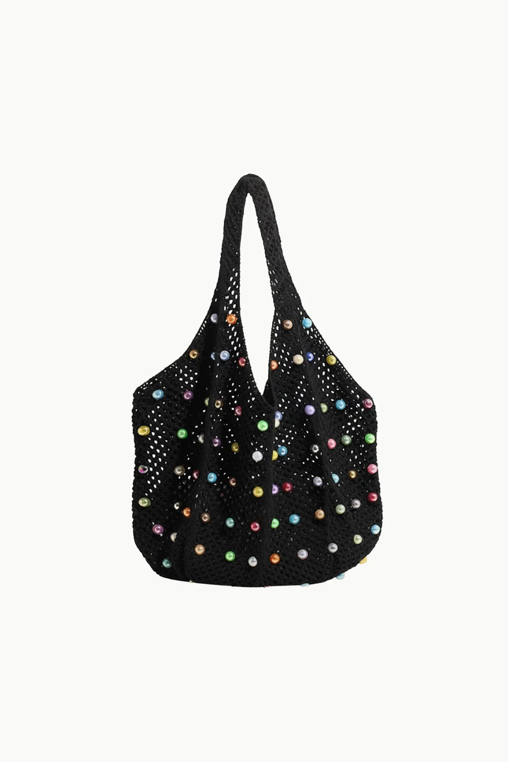 Black crocheted tote bag with colorful beaded embellishments, perfect beaded beach bag