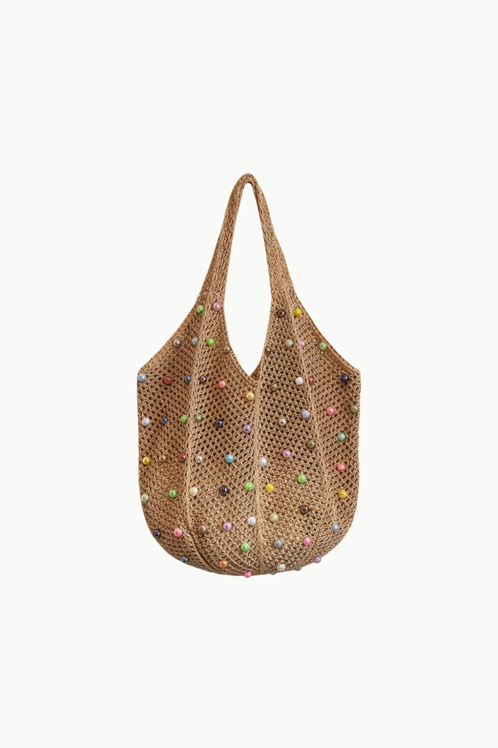 Brown crocheted beaded beach bag with colorful pastel beads for stylish beach days