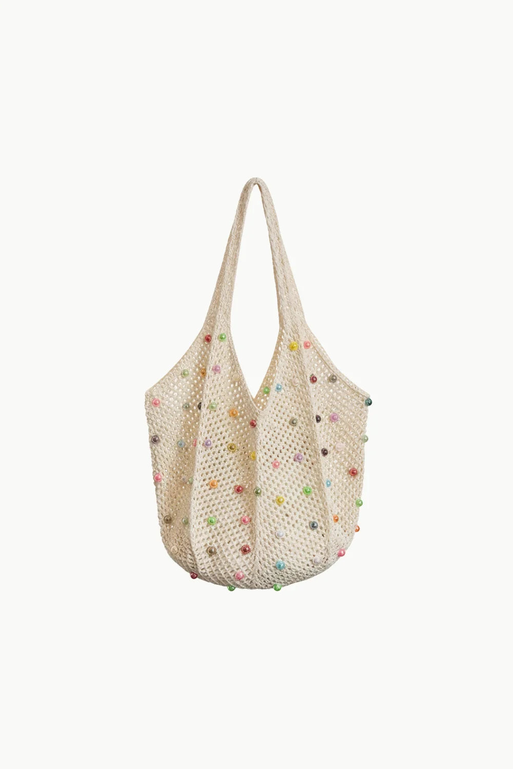 Crocheted beaded beach bag with colorful accents, perfect for a beaded beach day