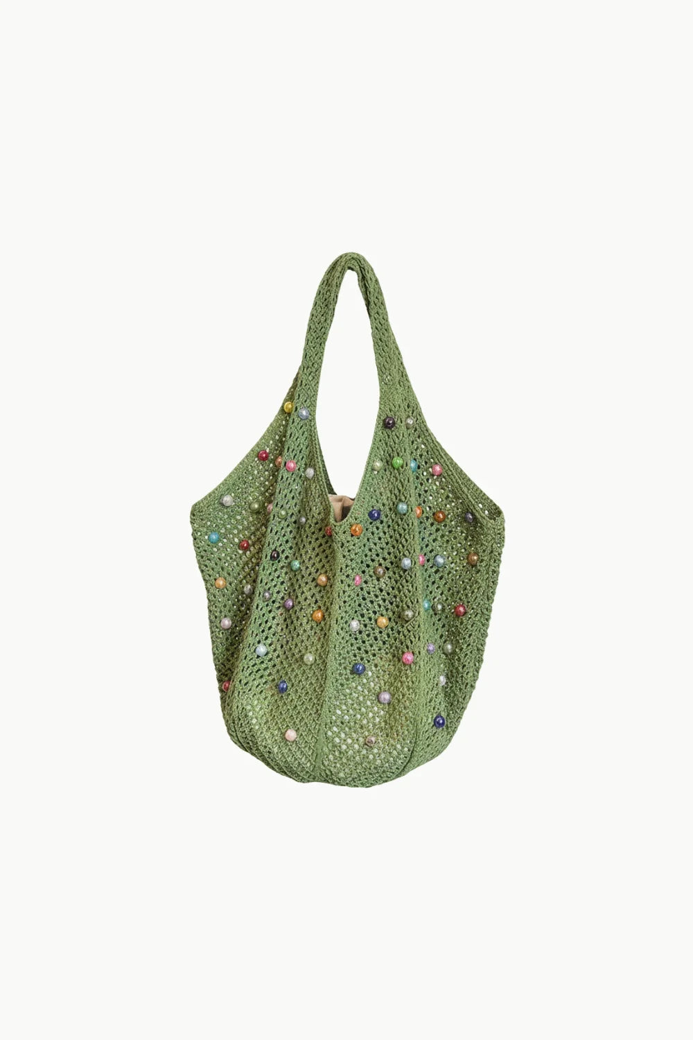 Green crocheted tote bag with colorful beaded accents, perfect as a beaded beach bag