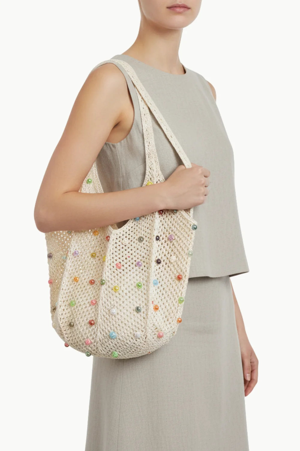 Beaded off-white crochet tote bag, perfect beaded beach bag for summer beach days