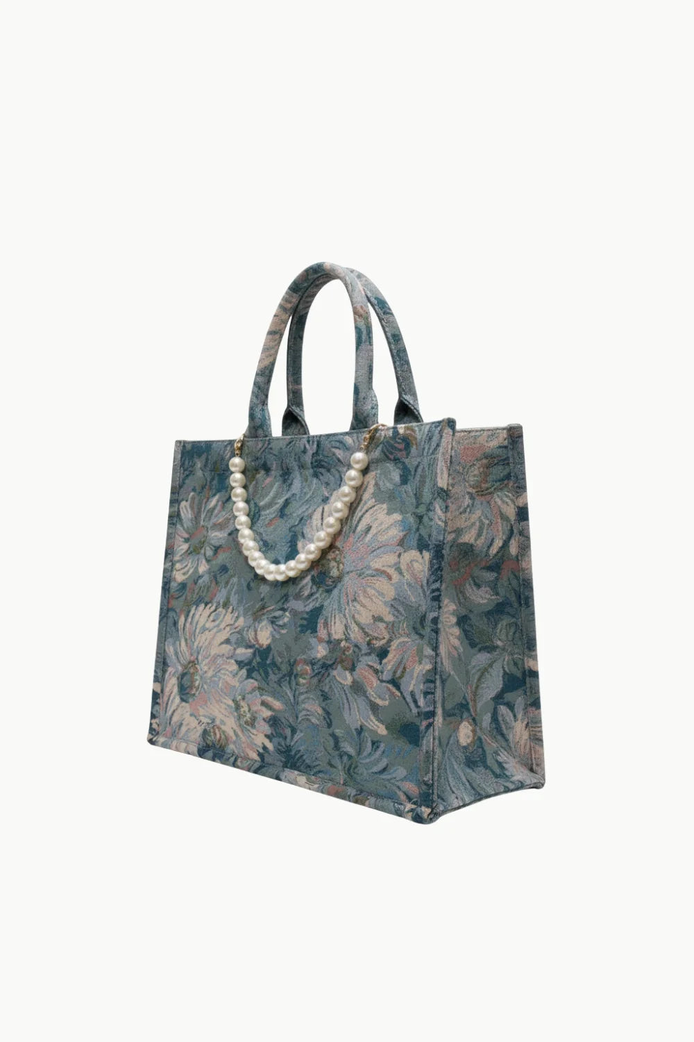 Floral patterned beaded beach tote bag with pearl strap for stylish beach days
