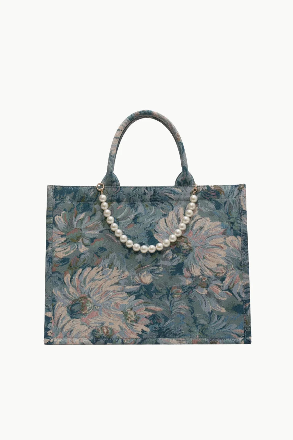 Floral tapestry tote bag with pearl chain accent, perfect beaded beach tote accessory