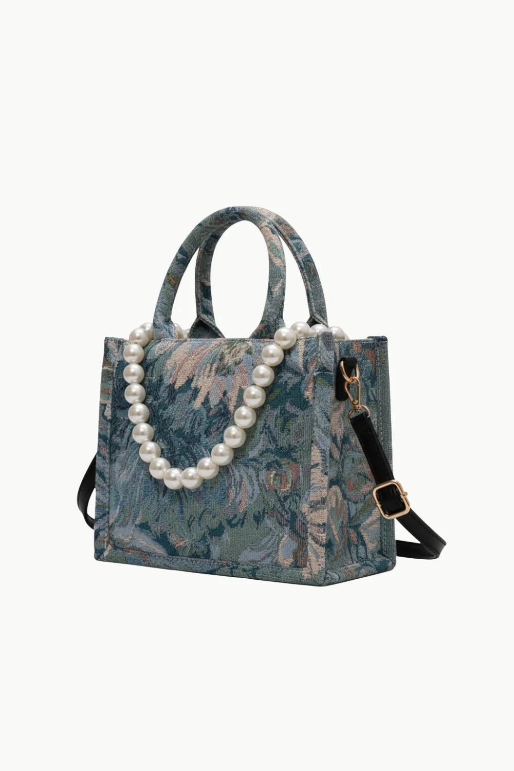 Beaded Beach Tote with patterned fabric, pearl handle, and detachable shoulder strap
