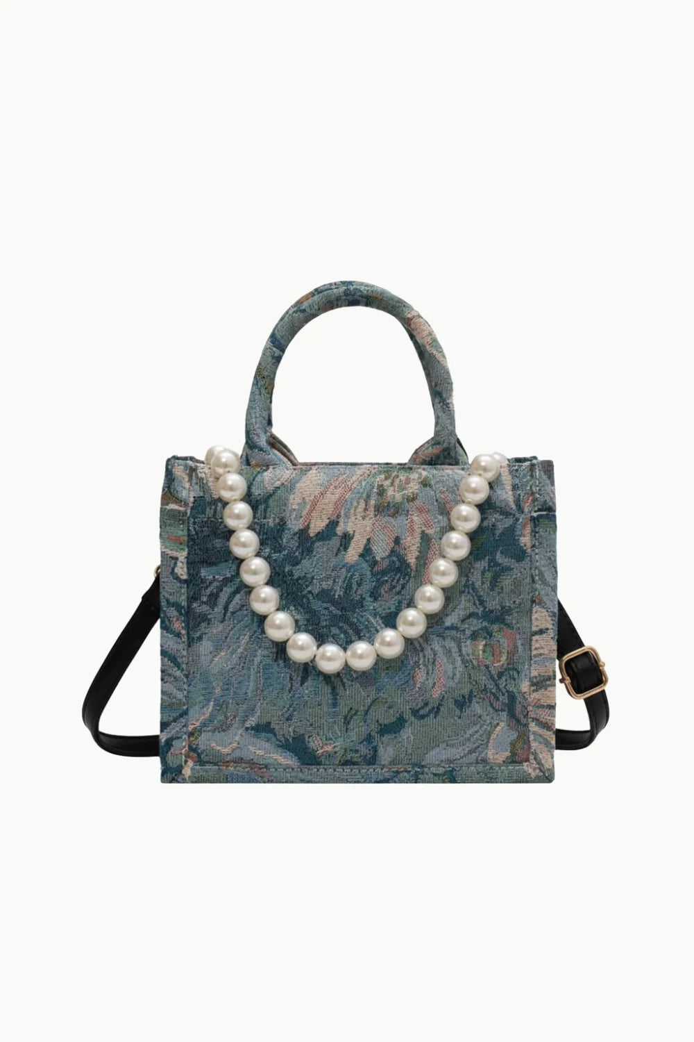 Teal floral tapestry mini tote bag with pearl handle and black shoulder strap, perfect beaded beach tote