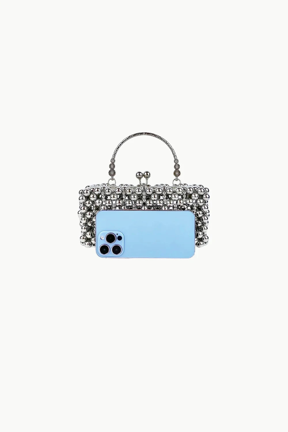 Silver beaded bridal clutch with top handle holding light blue smartphone