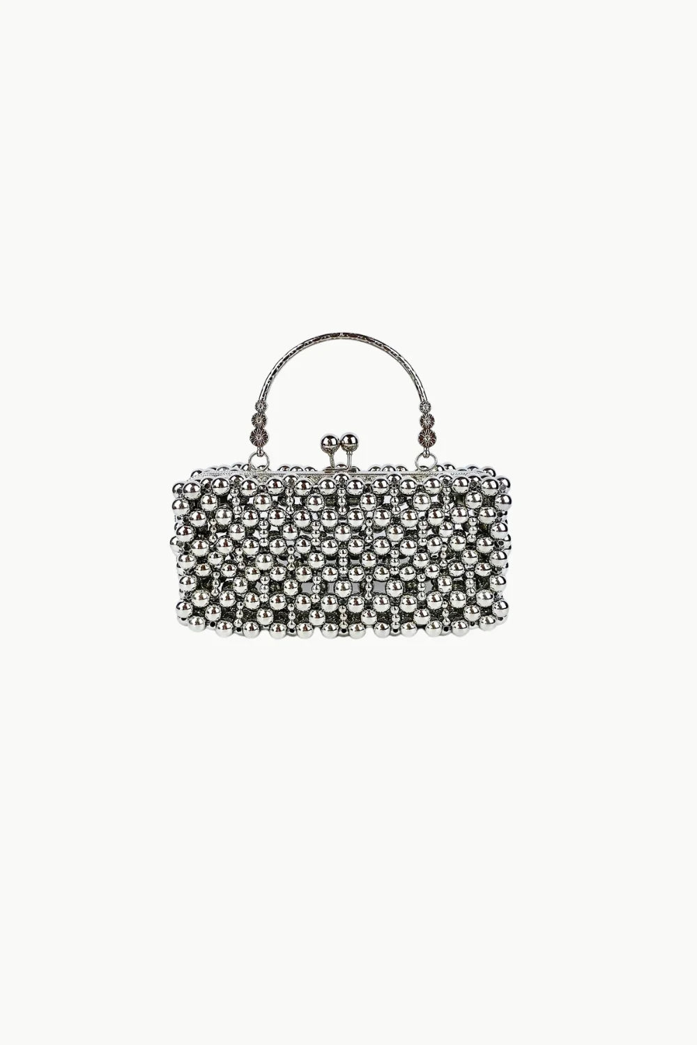 Silver-beaded bridal clutch with top handle and clasp closure, perfect for weddings