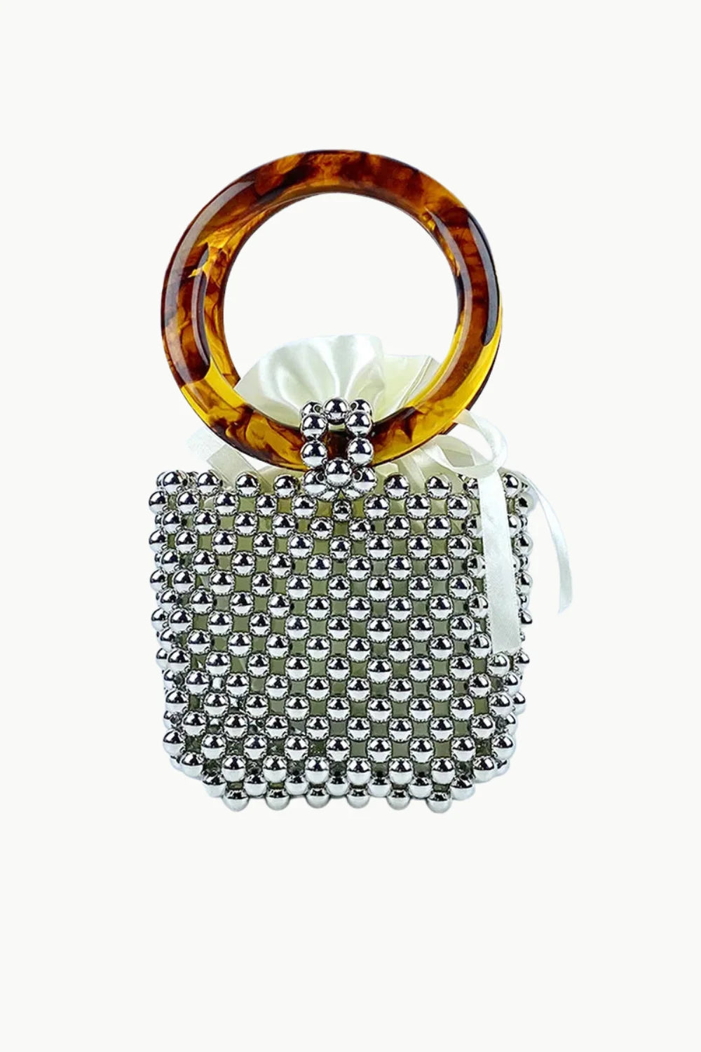 Silver beaded bucket bag with tortoise shell handle and white drawstring closure