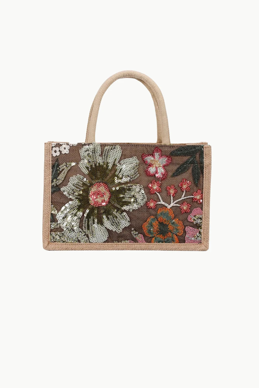 Beaded Canvas Tote with floral sequin and embroidered design, stylish tote bag