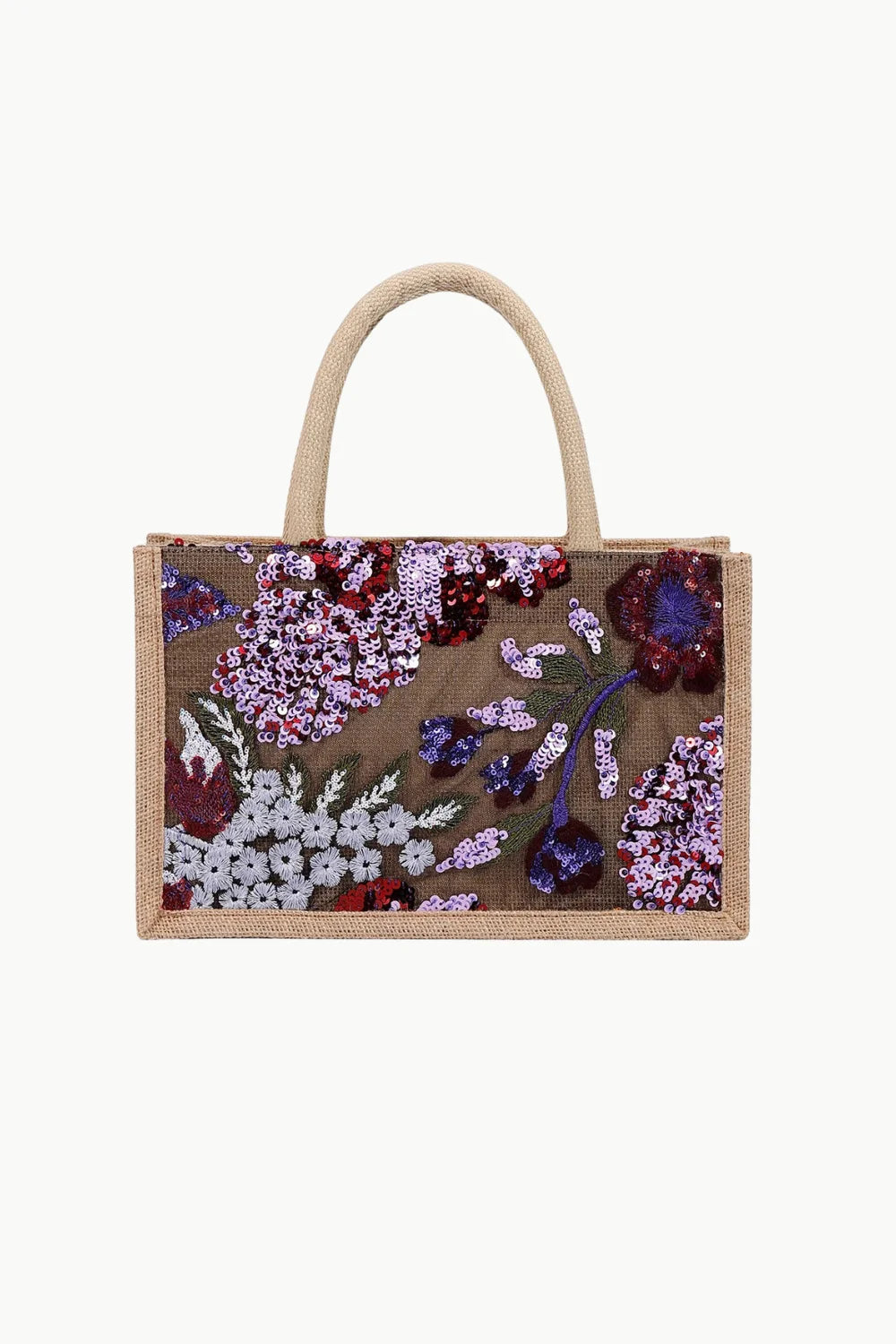 Beige beaded canvas tote bag with sequined floral design for stylish carryall