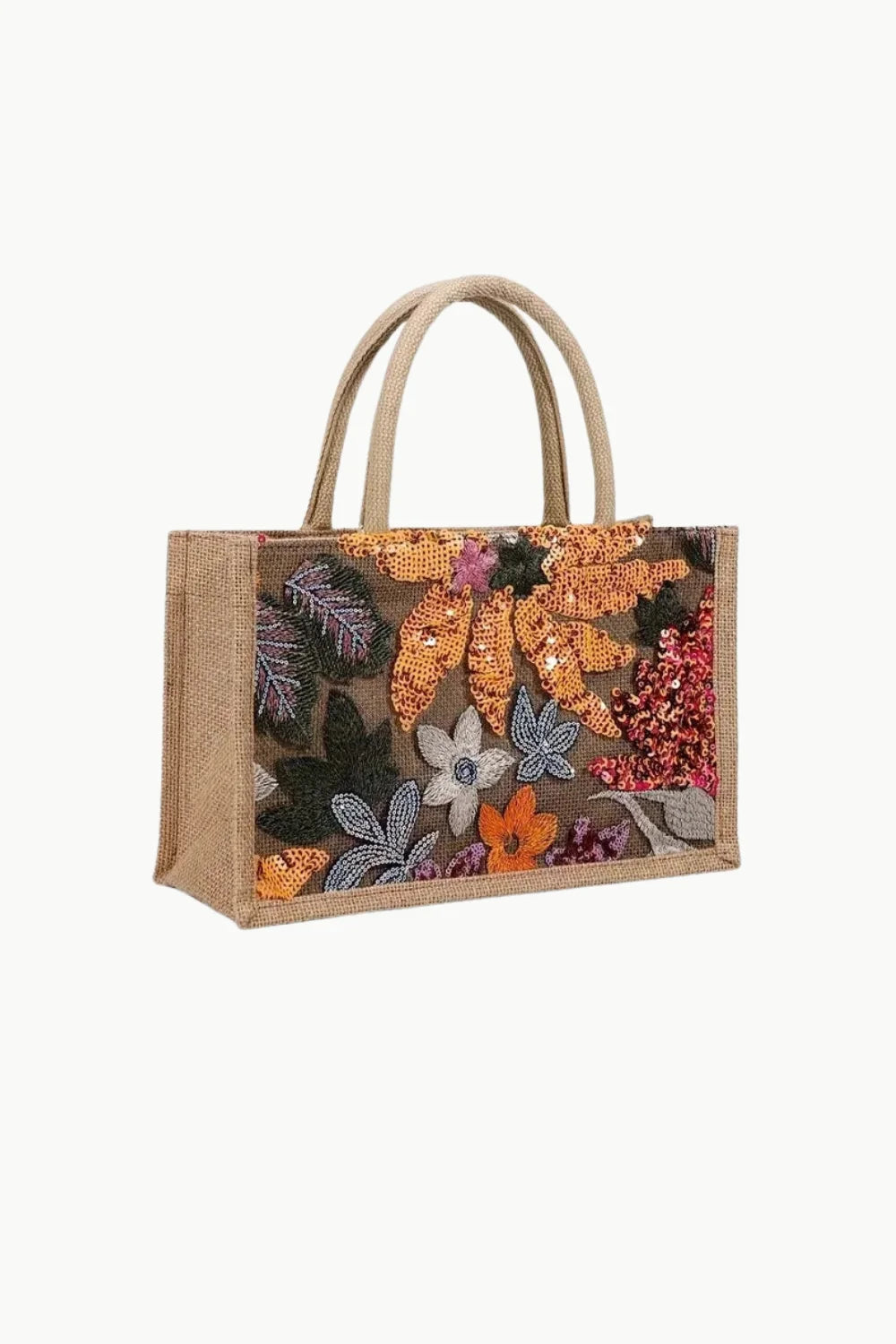 Embellished beaded canvas tote bag with floral and leaf patterns for stylish carryall