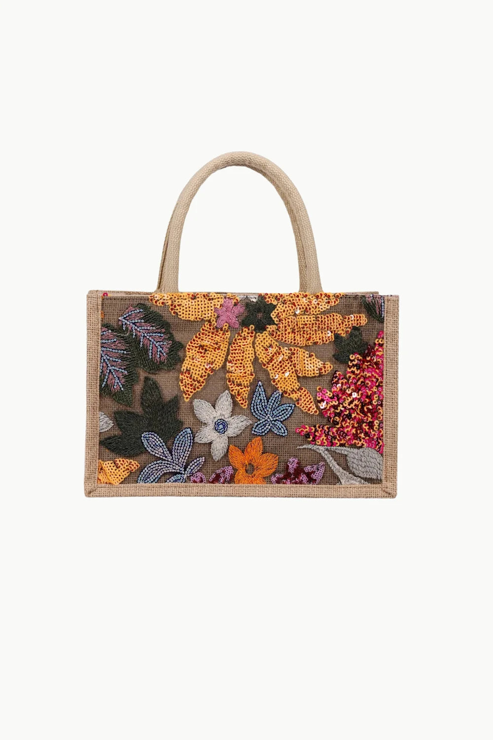 Beaded floral jute tote bag made from beaded canvas with stylish canvas tote design
