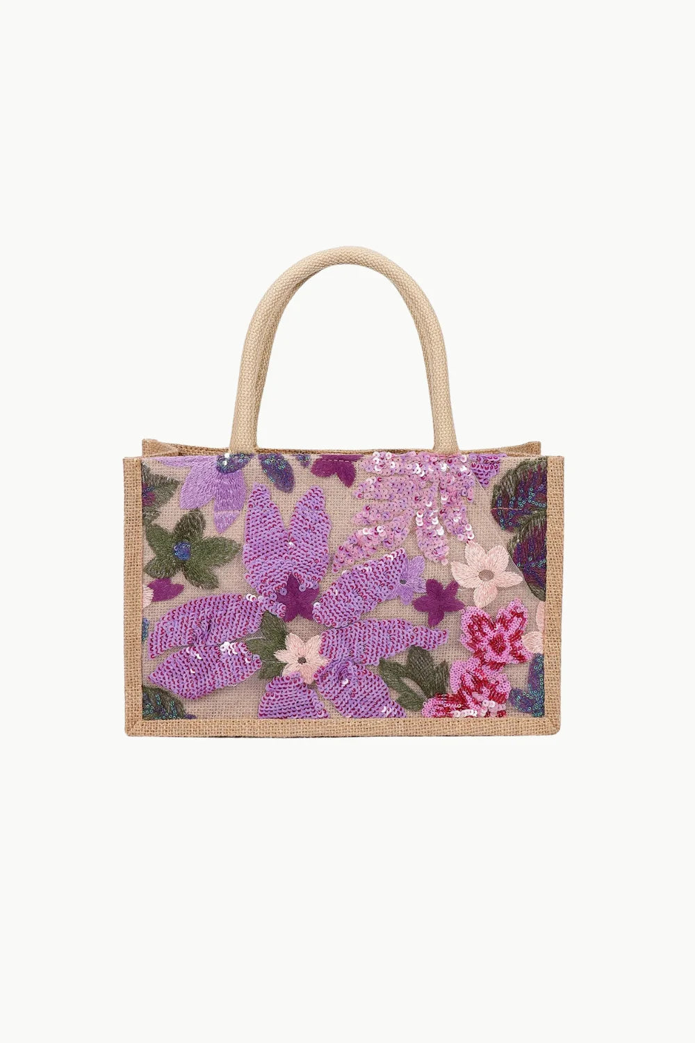 Beaded Canvas Tote Bag with purple and pink floral sequin and bead embellishments