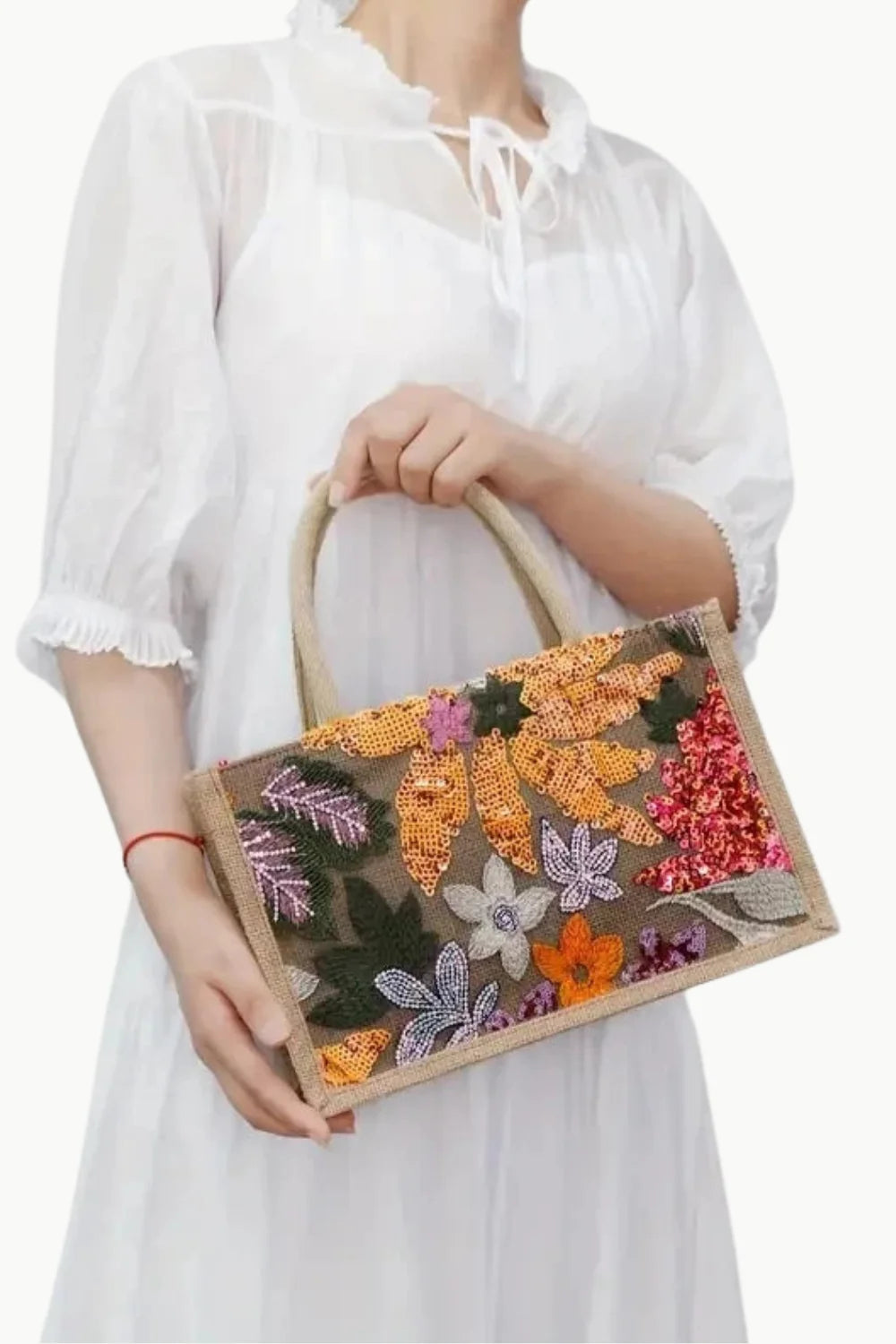 Beaded Canvas Tote Bag with Colorful Floral Sequin Embroidery and Top Handles