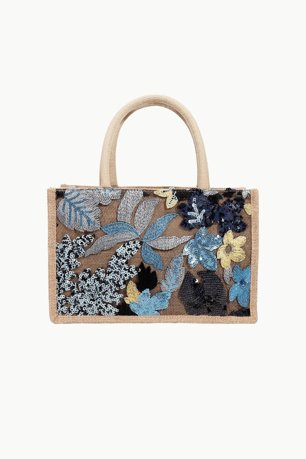 Beaded Canvas Tote bag with embroidered and sequined floral designs in shades of blue and yellow