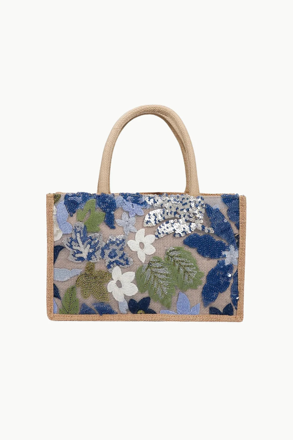 Beaded Canvas Tote with floral design, natural fiber handles, perfect canvas tote bag