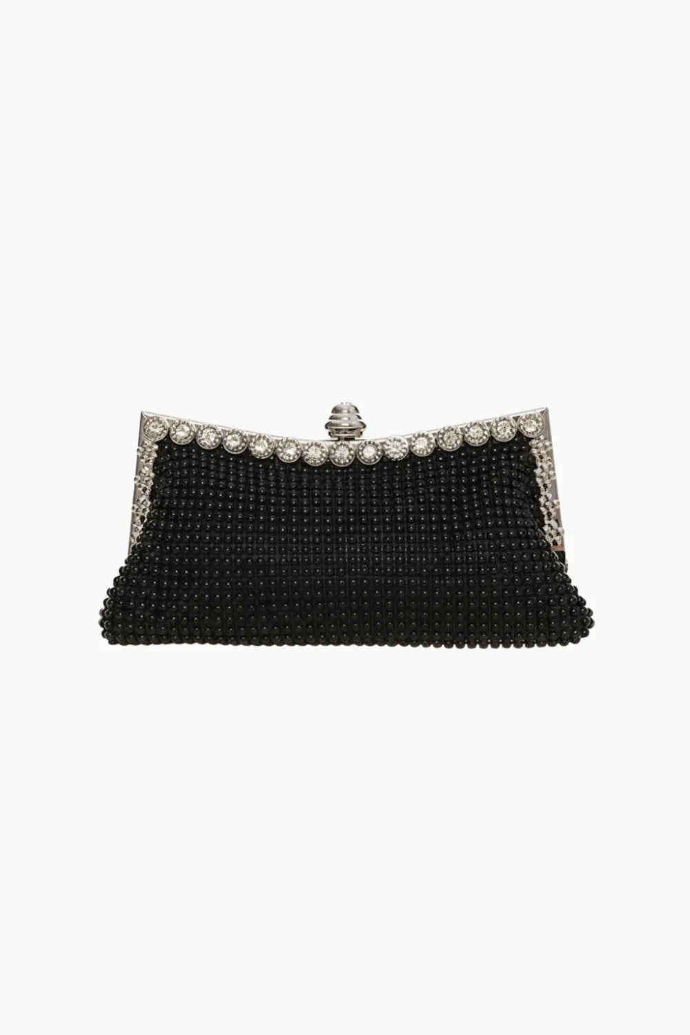 Black beaded clutch bag with silver frame and crystal embellishments for elegant occasions