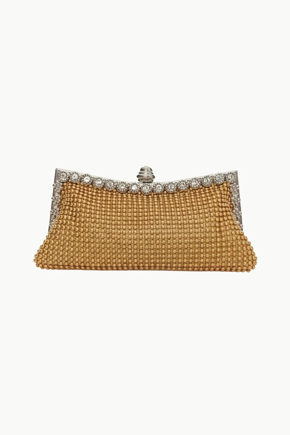 Sparkling gold beaded clutch bag with jeweled silver frame for elegant occasions