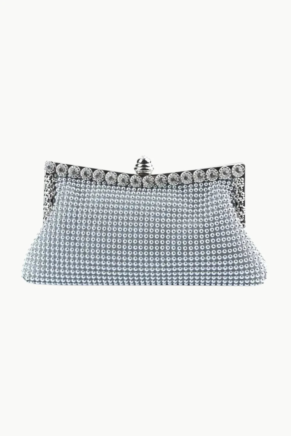 Silver beaded clutch bag adorned with pearls and rhinestones for elegant style