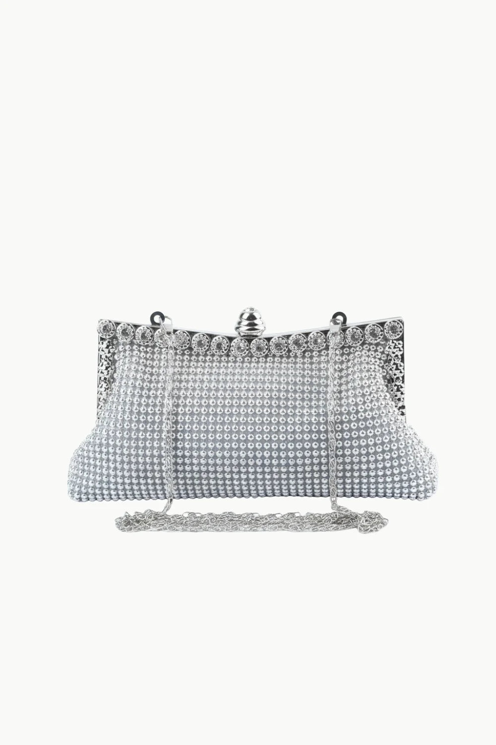Silver beaded clutch bag with rhinestones and detachable chain strap for elegant occasions