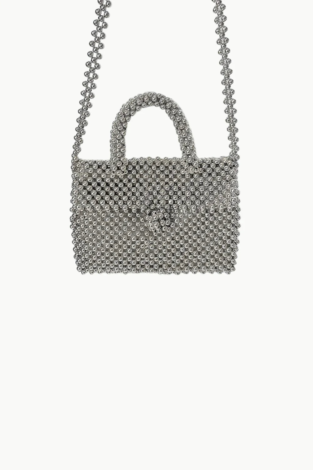 Metallic silver beaded clutch handbag with top-handle shoulder design for elegant style