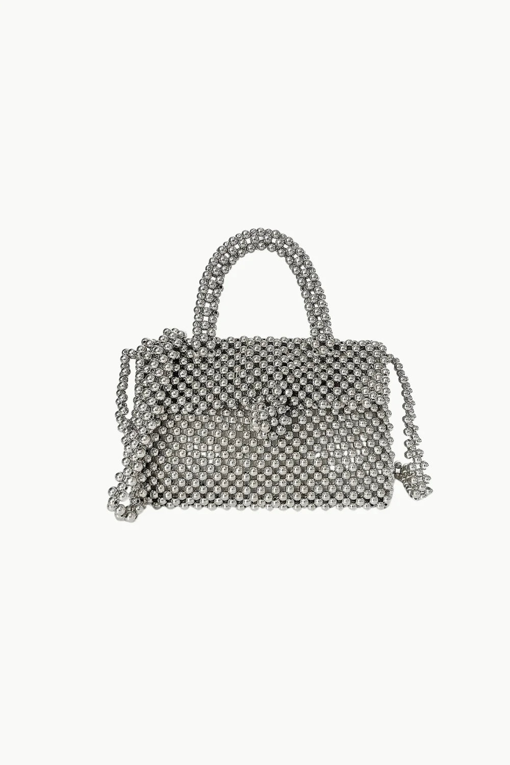 Silver beaded clutch handbag with top handle and shoulder strap for elegant style