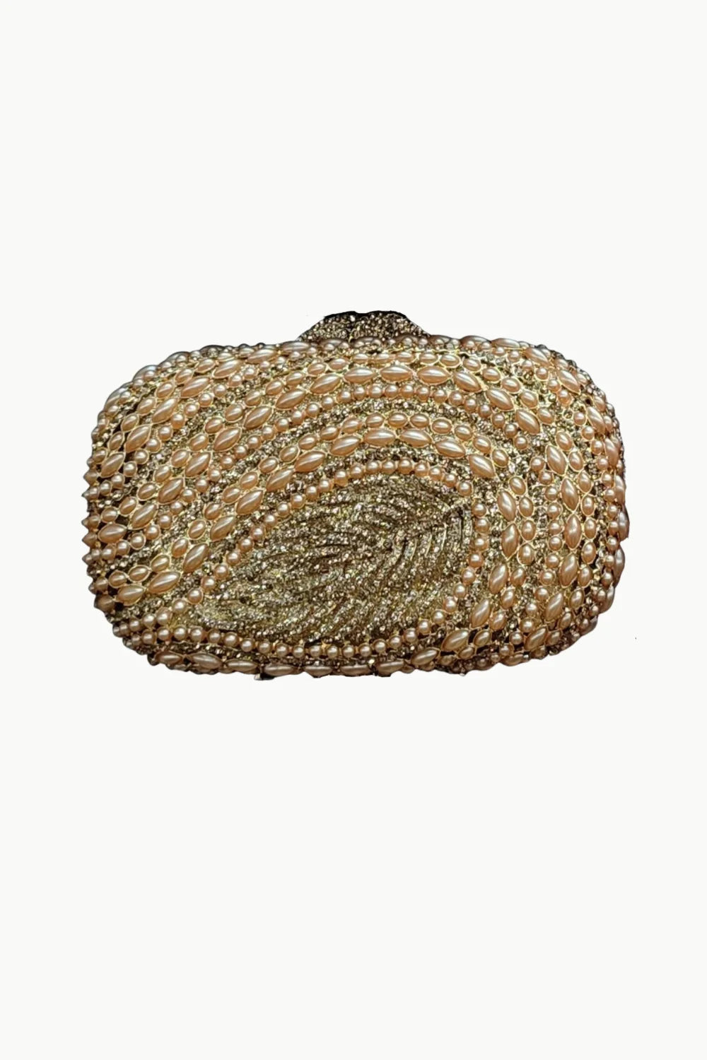 Gold-toned beaded clutch purse with iridescent beads and intricate swirling patterns