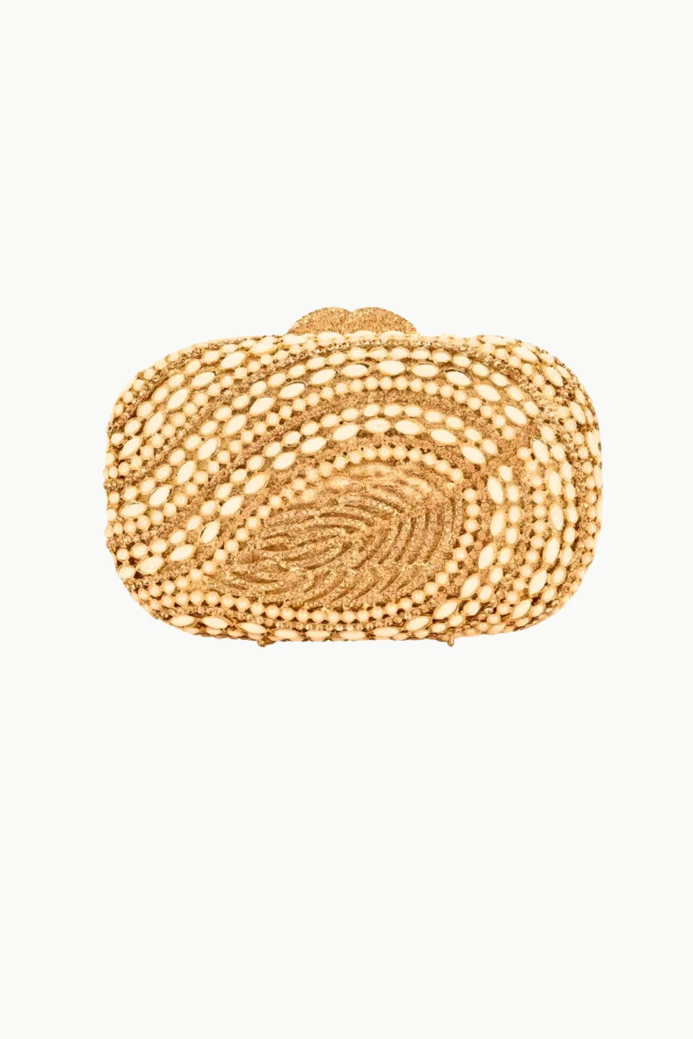 Oval-shaped beaded clutch purse with pearl and beaded spiral design for elegant style