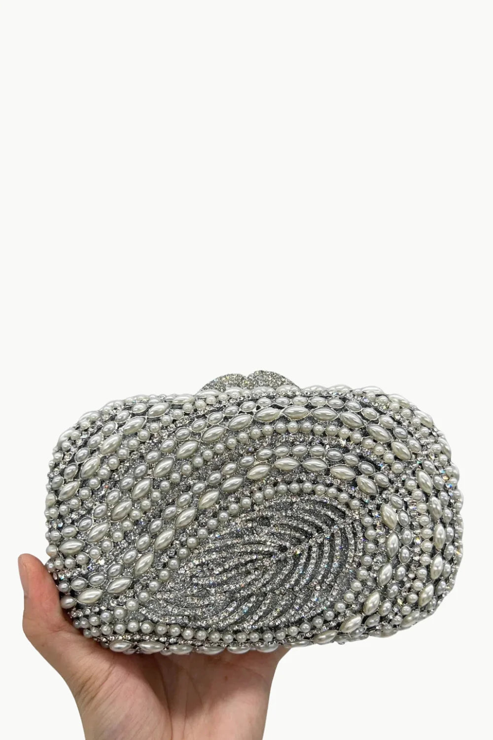 Beaded clutch purse with pearls and rhinestones, top clasp closure, stylish clutch purse