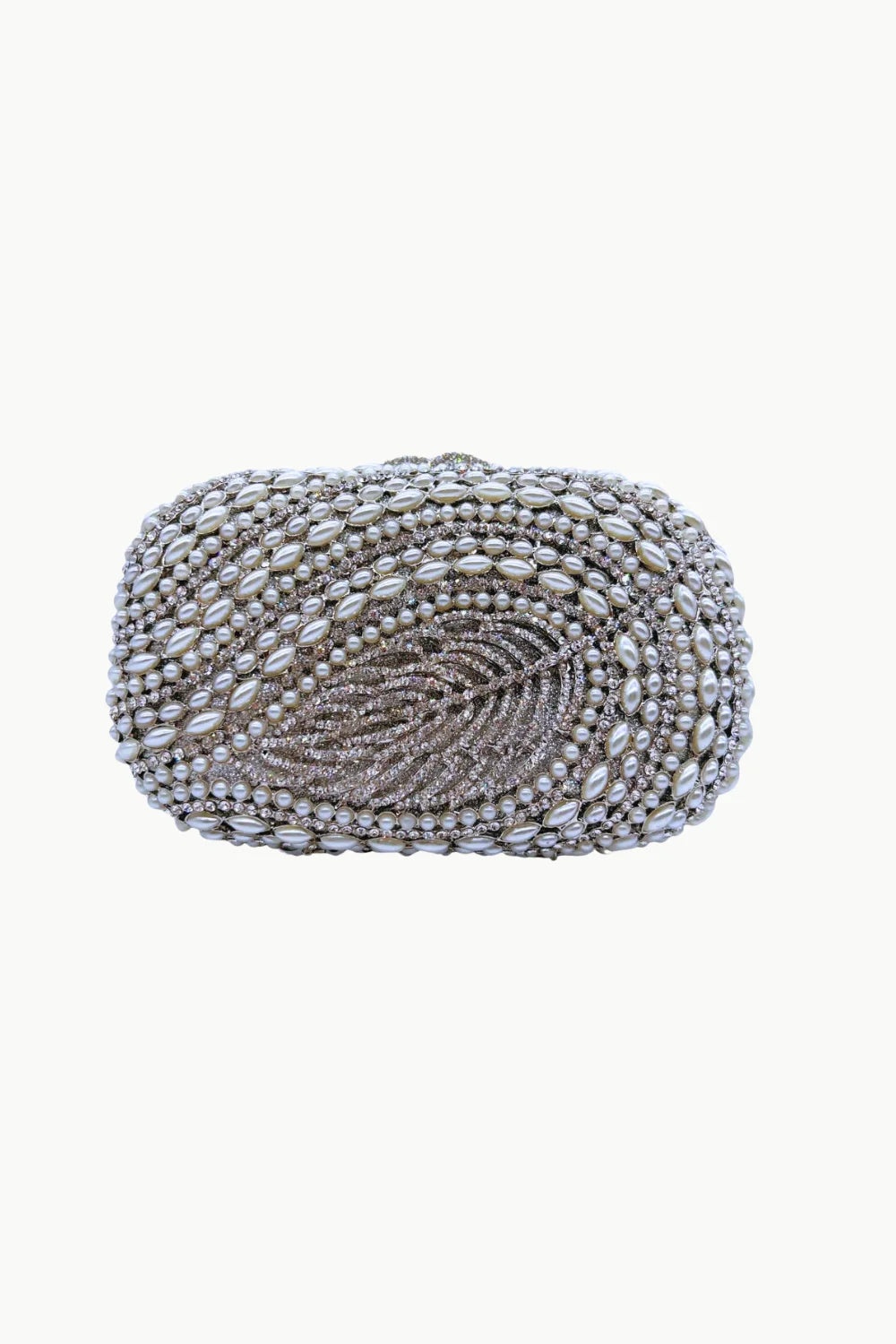 Silver beaded clutch purse with pearl and crystal leaf embellishments for elegant style