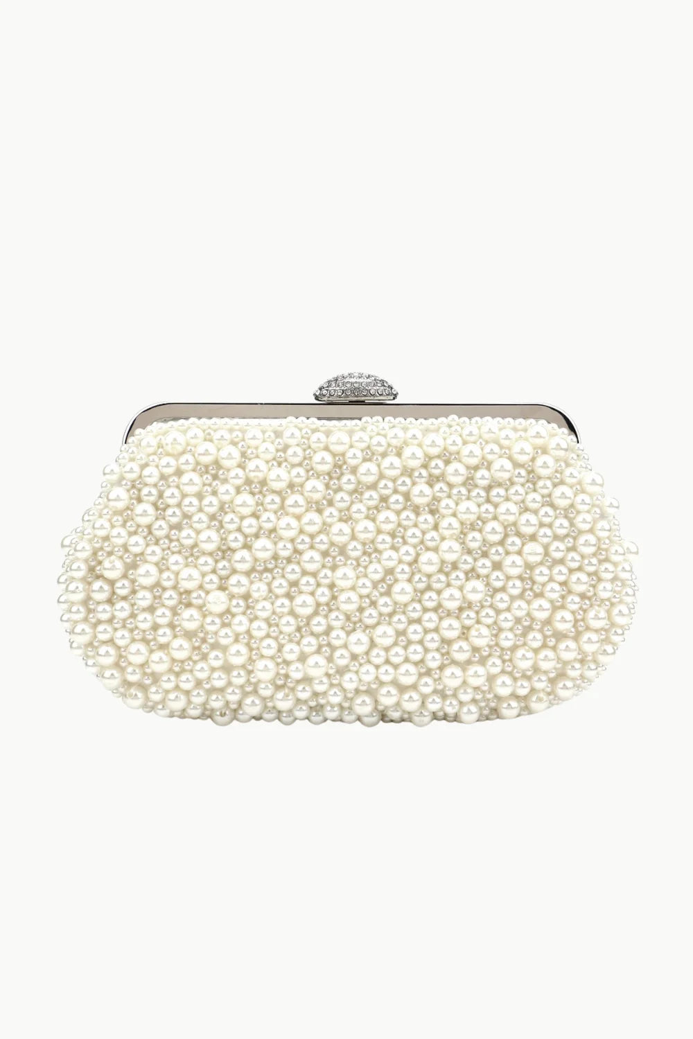 Beaded clutch white with faux pearls, silver-tone frame, and crystal clasp for elegant style