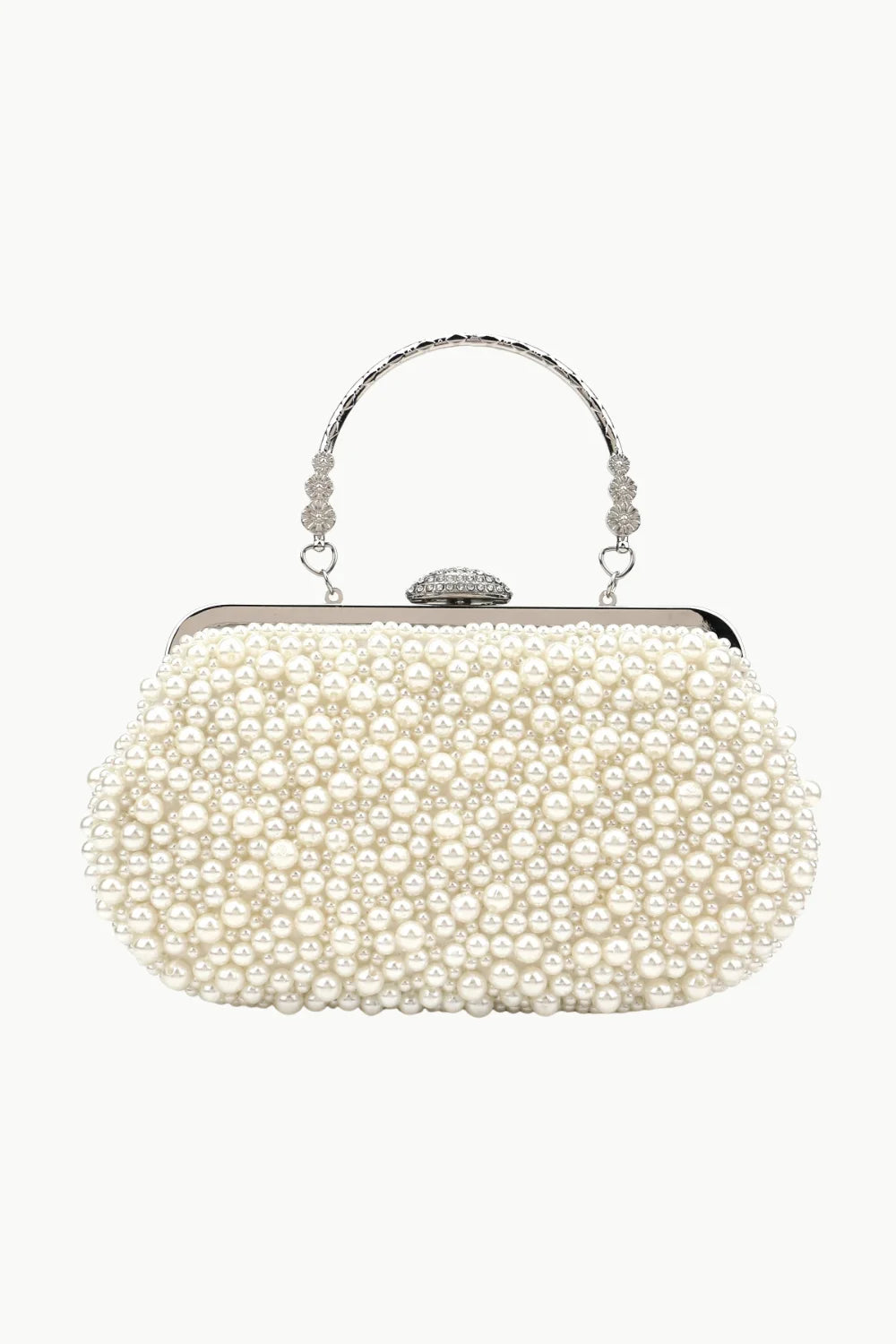 Beaded clutch white with pearl embellishments, silver-toned top handle and clasp