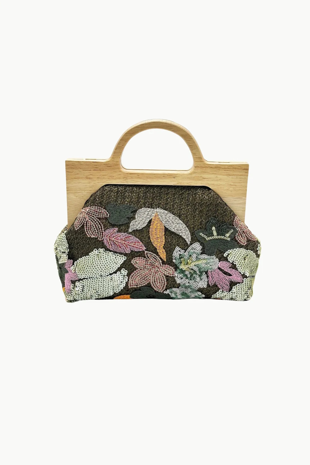 Dark green beaded crossbody bag with wooden handle and colorful floral beadwork