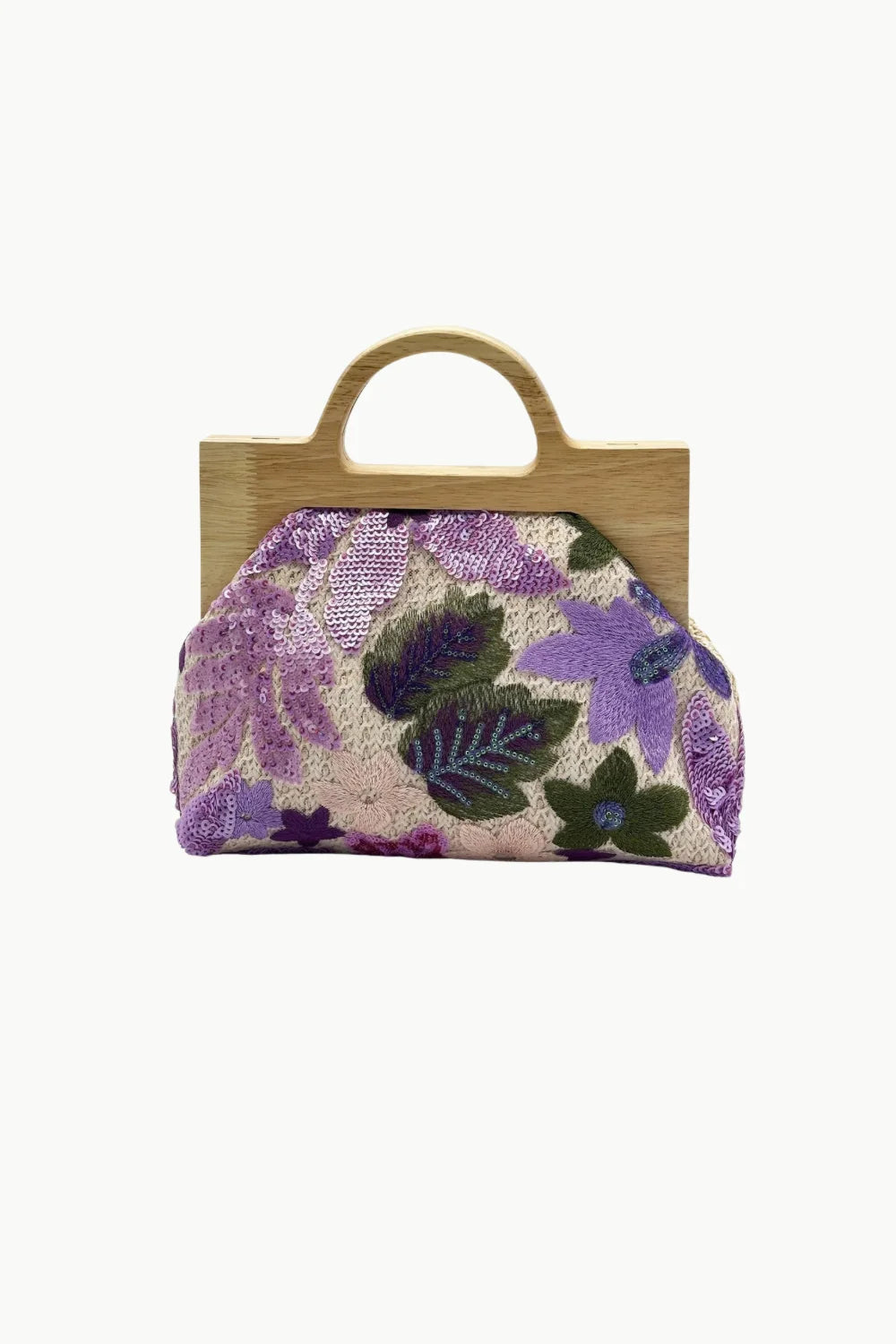 Floral beaded crossbody bag with wooden handle for stylish accessories