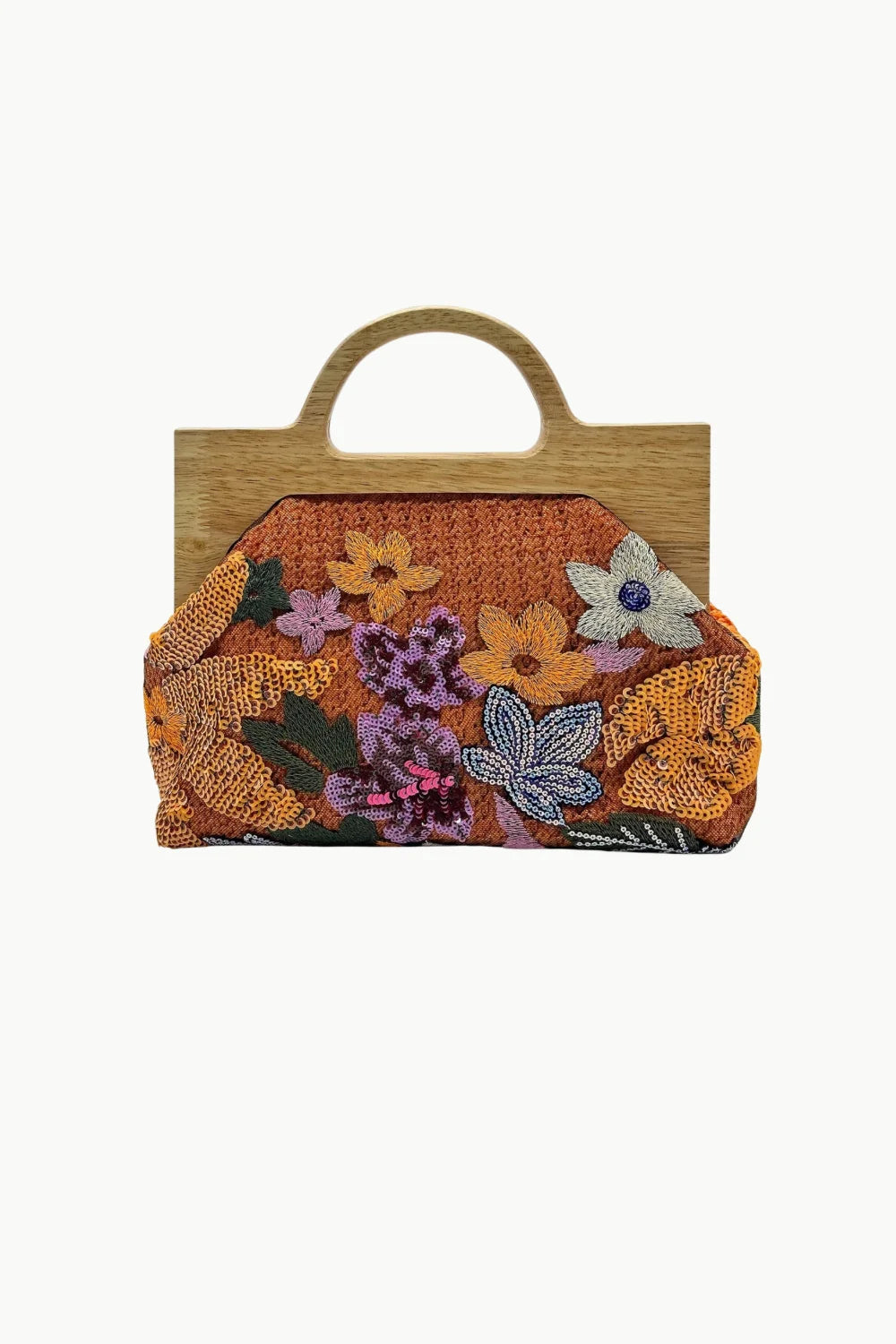 Orange beaded crossbody bag with floral embellishments and wooden top handle