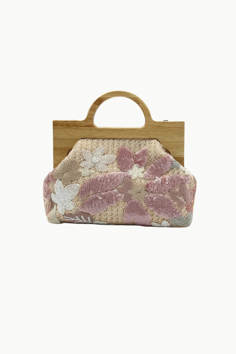 Beaded crossbody bag with woven floral embroidery and wooden frame handles