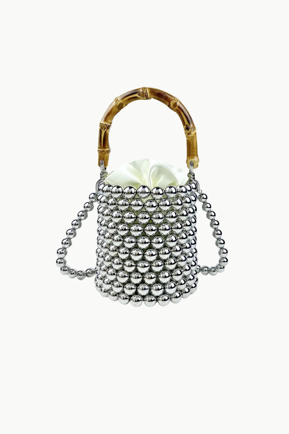 Silver beaded crossbody bucket bag with bamboo handle and satin drawstring closure