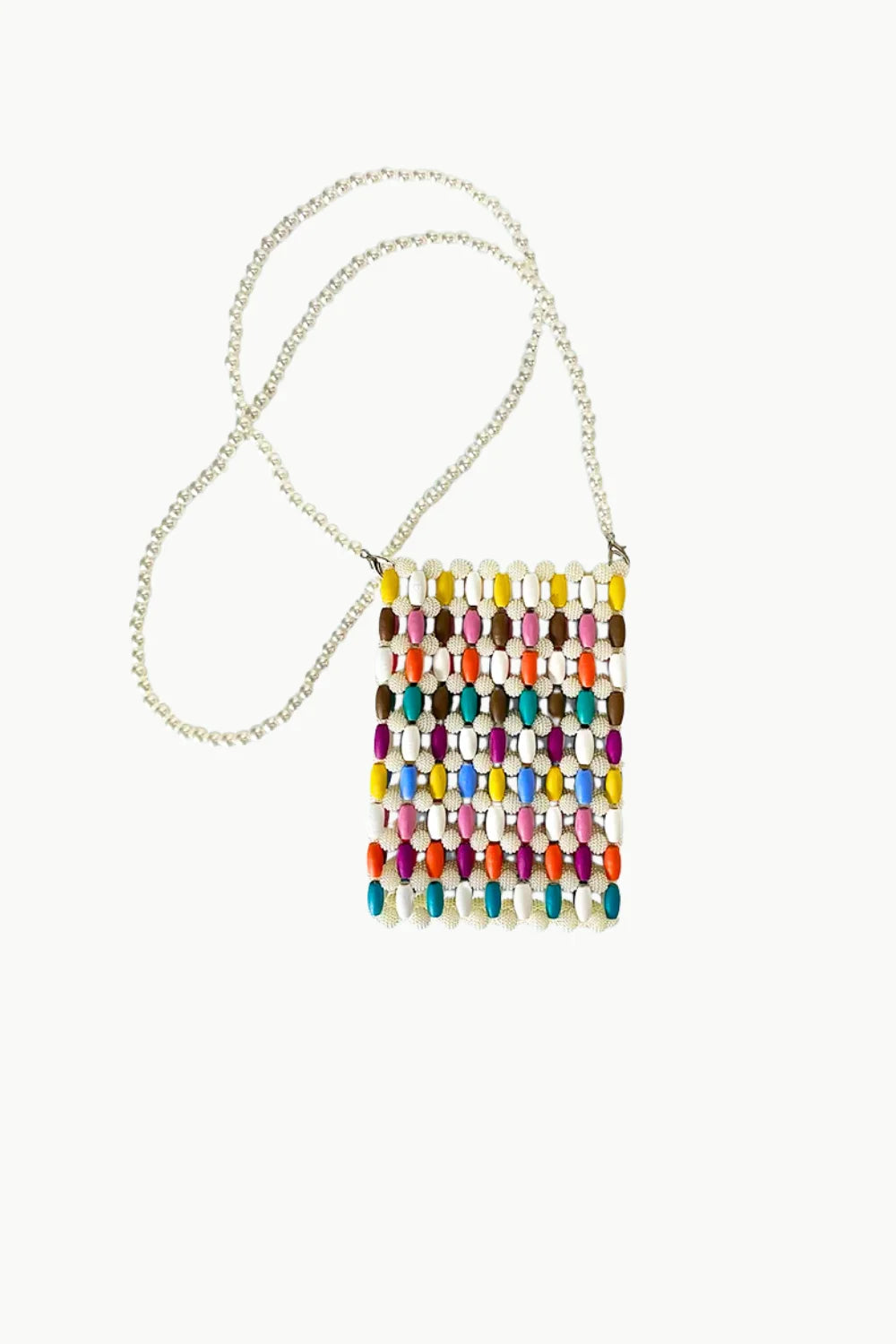 Multicolored beaded crossbody phone bag with silver chain strap for stylish carrying