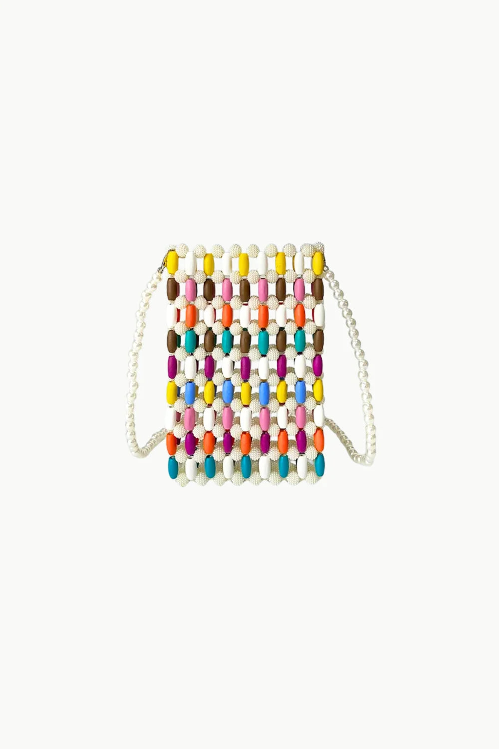 Beaded crossbody phone bag with colorful rectangular design and white pearl straps
