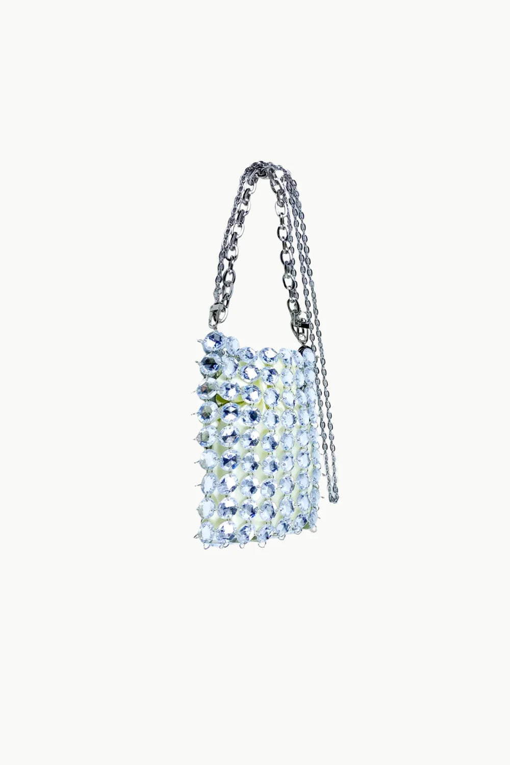 Beaded crystal bag with clear rectangular design and silver-toned chain strap