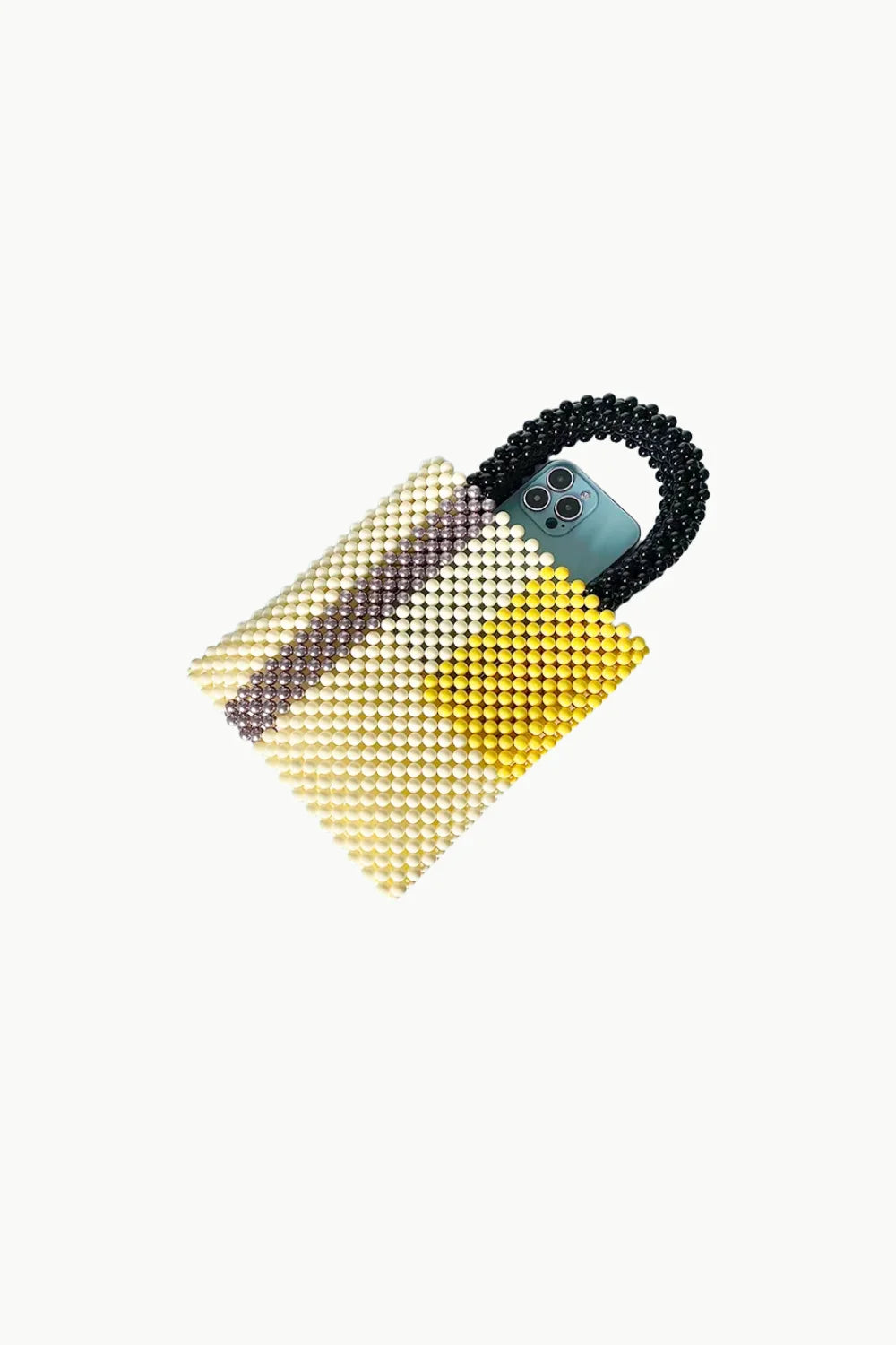 Beaded Designer Bag with black handle and blue smartphone inside for stylish accessory