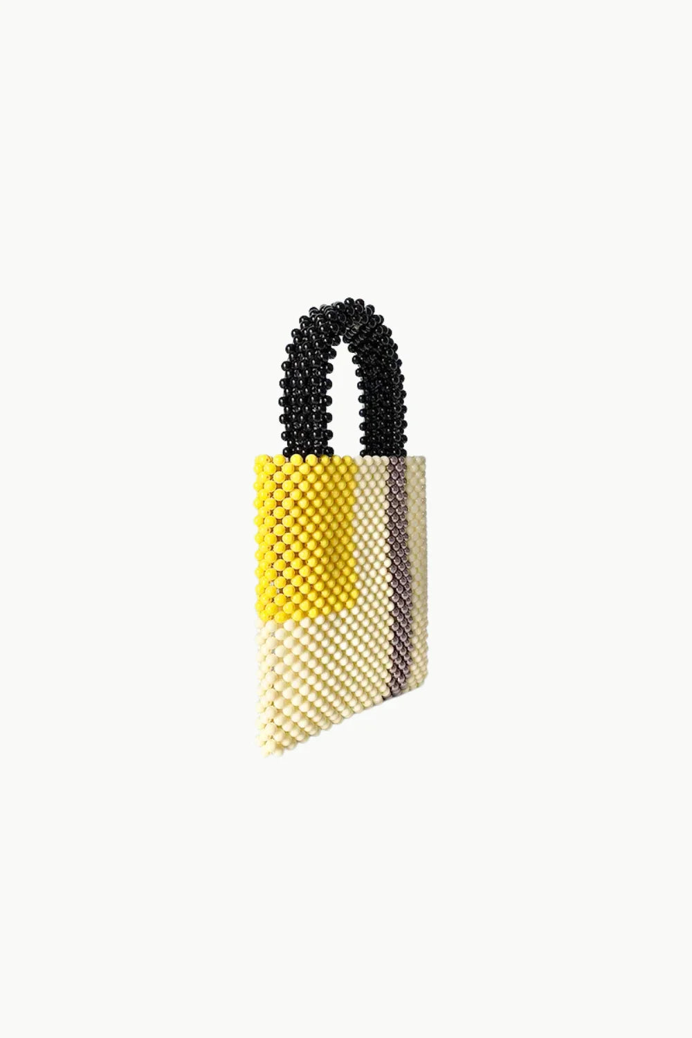 Beaded designer bag with black handle and color-block yellow, cream, purple stripes