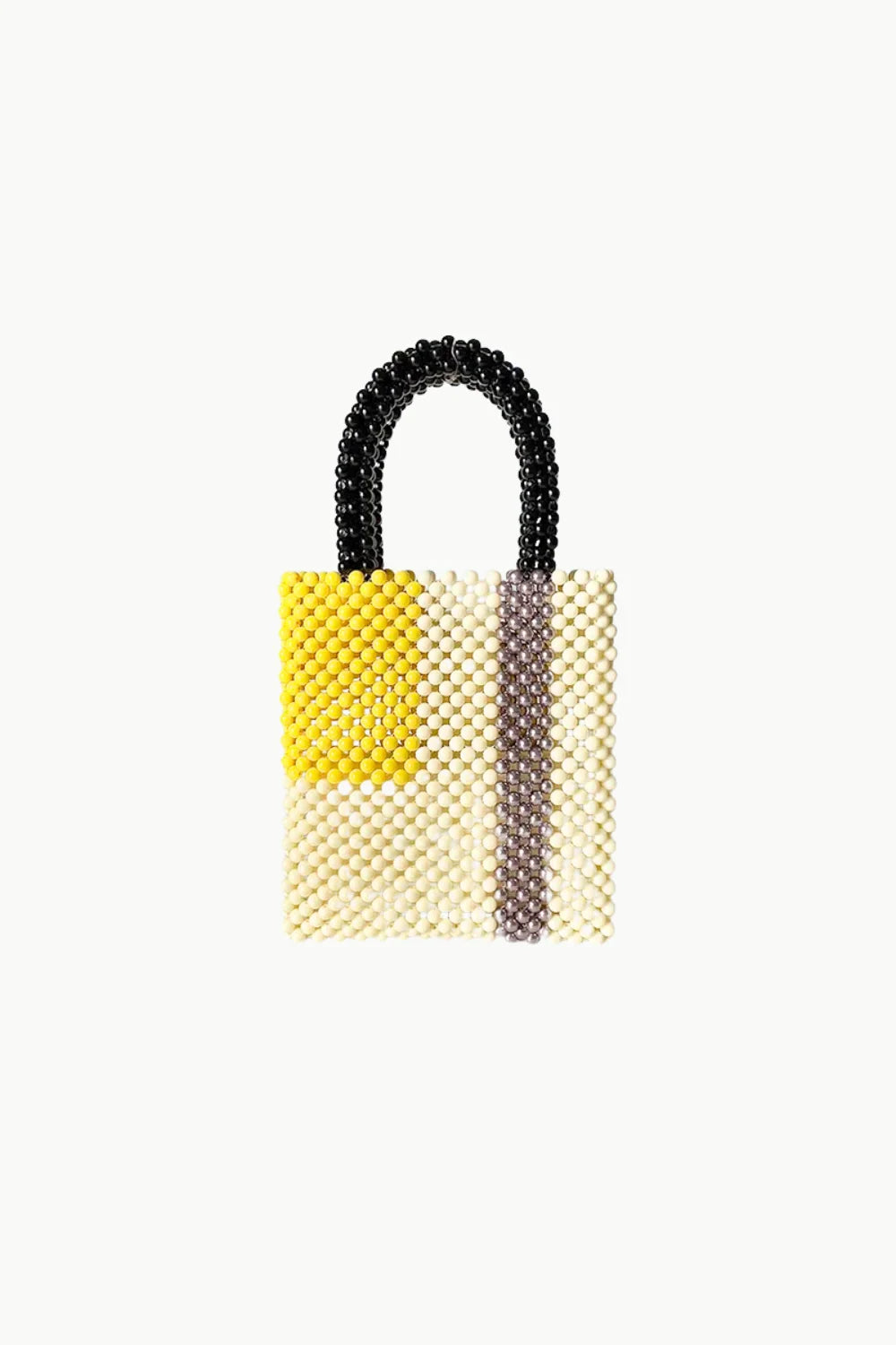 Beaded Designer Bag with black handle yellow square and gray stripe on cream background