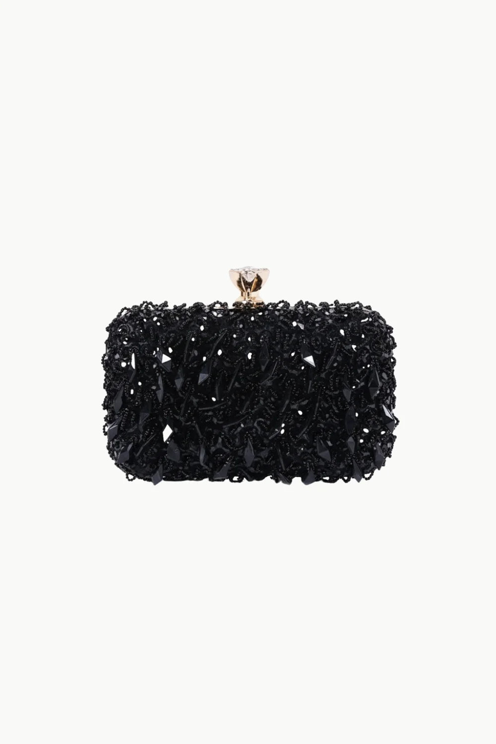 Black beaded evening clutch with ornate clasp, perfect for elegant occasions