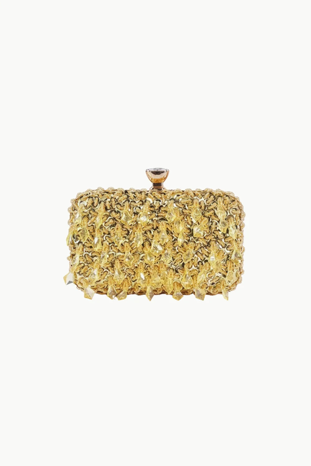 Beaded Evening Clutch Bag with gold finish, shiny beads, and gemstone clasp