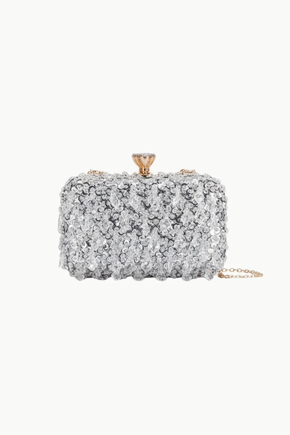 Silver sequined beaded evening clutch with gold diamond clasp and chain strap