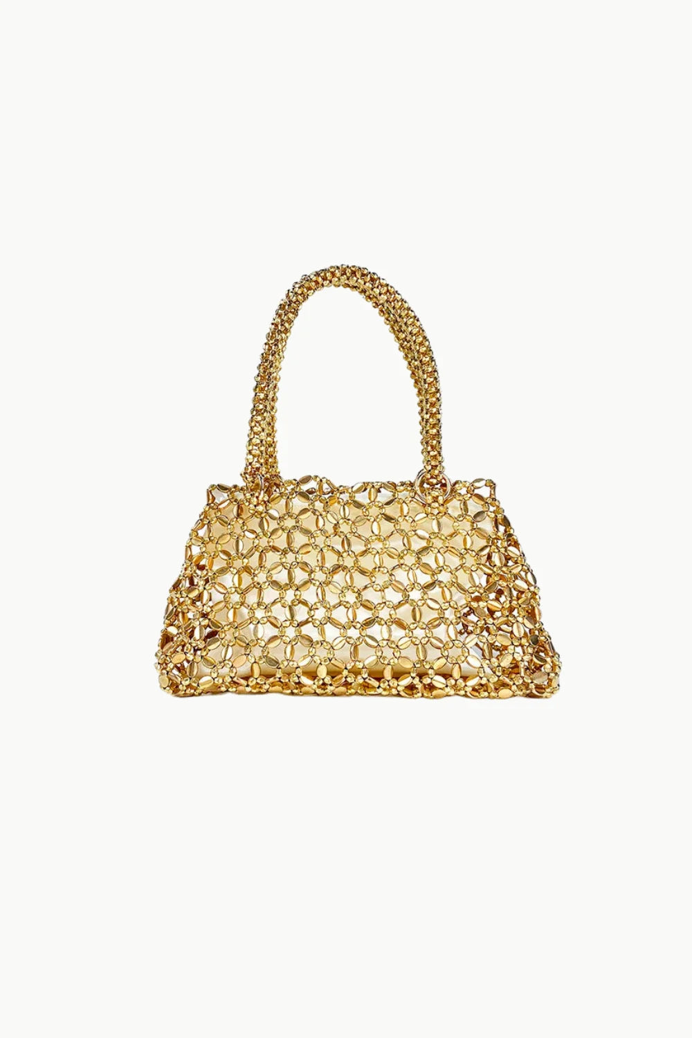 Gold-colored beaded evening handbag with top handle, perfect for a beaded evening look